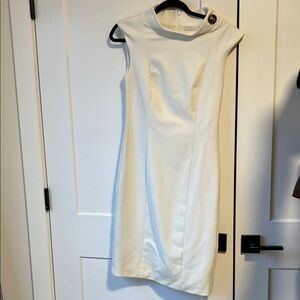 Badgley Mischka Sleeveless Cream Sheath Dress with Button Collar